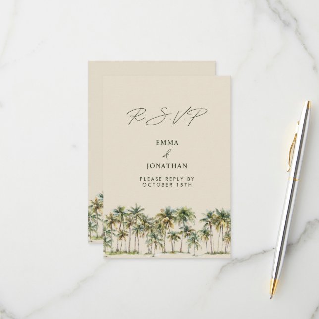 Palm Tree Wedding RSVP Tropical Destination coast (Vorderseite/Rückseite Beispiel)