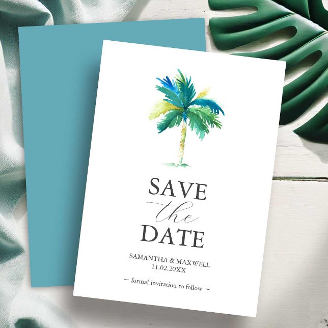 Palm Tree Wedding speichert das Datum der Einladun Save The Date (Watercolor palm tree save the date wedding invitation art by Victoria Grigaliunas Do Tell A Belle)