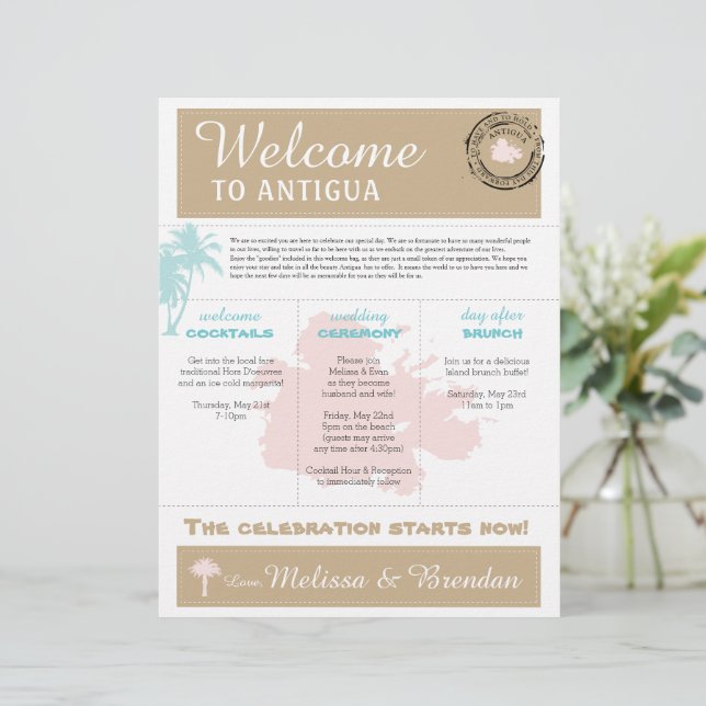 Palm Tree Wedding Welcome Letter für Antigua (Stehend Vorderseite)