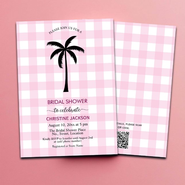 Palm Tree White Pink Checkered QR Code Bridal Einladung (Von Creator hochgeladen)