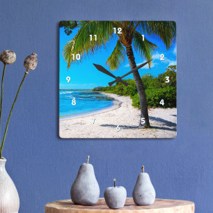 Palm Tree White Sand Hawaii Tropical Beach Foto Quadratische Wanduhr