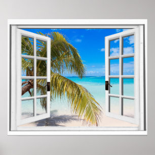 Palm Tree Window Beach View Poster