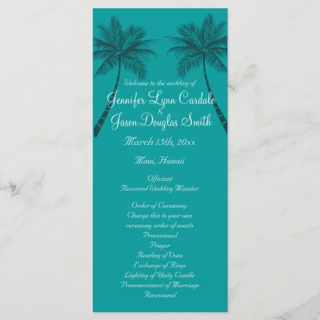 Palm Trees Aquamarin Blue Beach Hochzeitsprogramme Programm (Vorderseite)