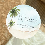 Palm Trees Beach Hochzeit in Urlaubsort Empfang Runder Aufkleber<br><div class="desc">Feiern Sie Ihre Hochzeit mit diesen hübschen Aufklebern,  die mit Aquarellpalmen und Ihrem eigenen Text aufwarten. Fügen Sie einfach Ihre eigenen Daten hinzu,  indem Sie auf die Option "Personalisieren" klicken.</div>