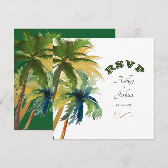 Palm Trees Beach Wedding RSVP Card (Vorne/Hinten)