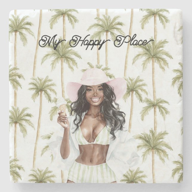 Palm Trees Happy Place Black Lady Bathing Suit Steinuntersetzer (Vorderseite)