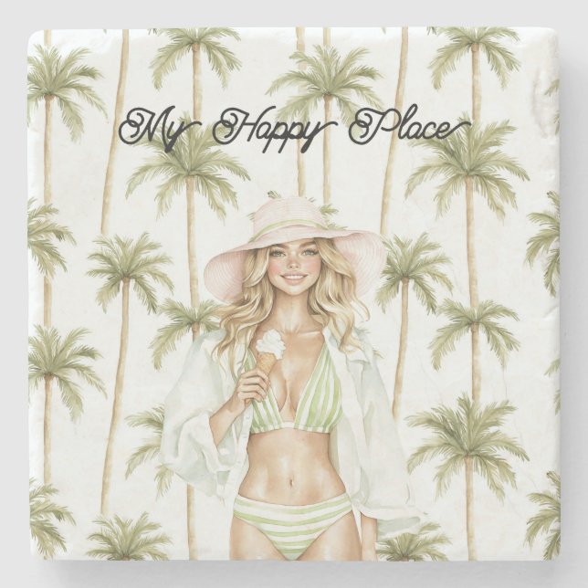 Palm Trees Happy Place Blond Lady Bathing Suit Steinuntersetzer (Vorderseite)