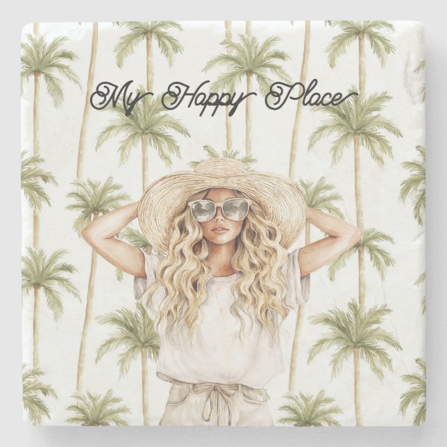 Palm Trees Happy Place Blond Lady Hat Steinuntersetzer (Vorderseite)