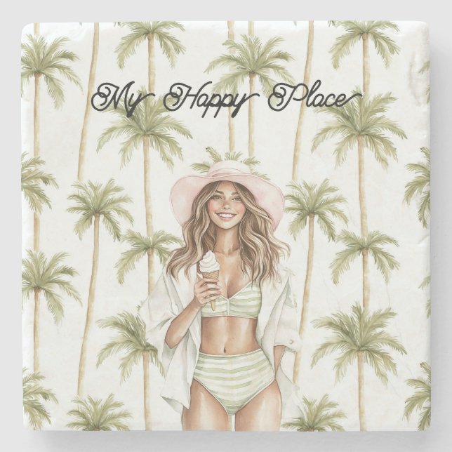 Palm Trees Happy Place Brown Hair Bathing Suit Steinuntersetzer (Vorderseite)