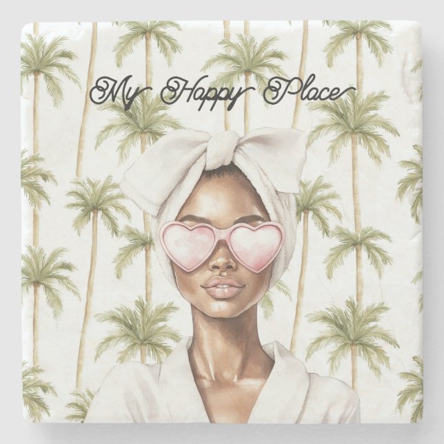 Palm Trees Happy Place Heart Glasses Black Lady Steinuntersetzer (Vorderseite)