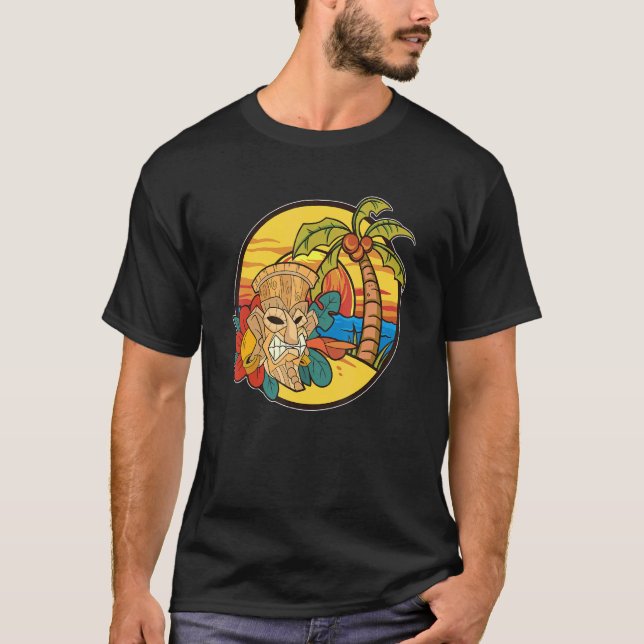 Palm Trees Hawaiian Tiki Maske Totem Luau Party Su T-Shirt (Vorderseite)