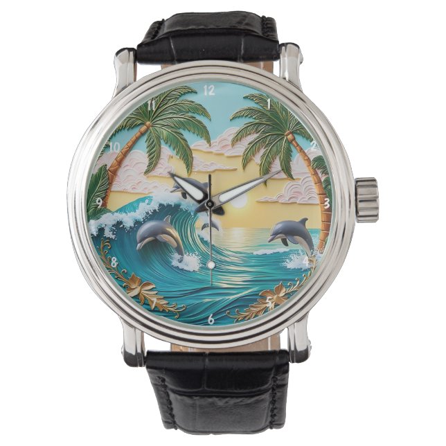 Palm Trees, Jumping Dolphins, and Ocean Sunset Armbanduhr (Vorderseite)