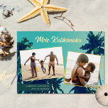 Palm Trees Mele Kalikimaka Two Photo Collage Folien Feiertagskarte<br><div class="desc">Looking for beach themed Christmas cards to send to family and friends? This stunning holiday photo card features a painting of palm trees as the background, as well as 2 photo templates. Stylish typography reads, "Mele Kallikimaka" in real foil, and the photos are framed in foil, as well. Easy to...</div>