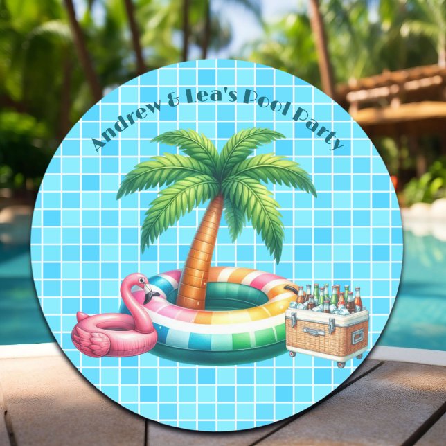 Palm Trees Pool Party Flamingo Runder Aufkleber (Von Creator hochgeladen)