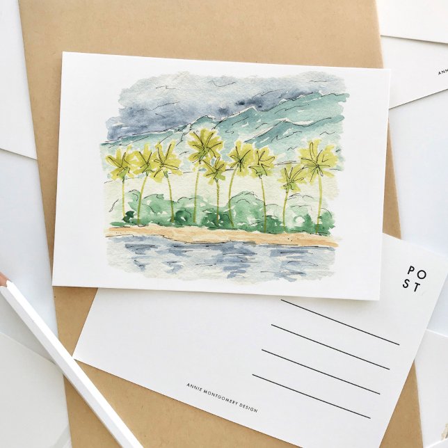 Palm Trees Santa Barbara Beach Wasserfarbenreise Einladungspostkarte (Palm trees lined beach scene inspired by Santa Barbara, California watercolor travel postcard.)