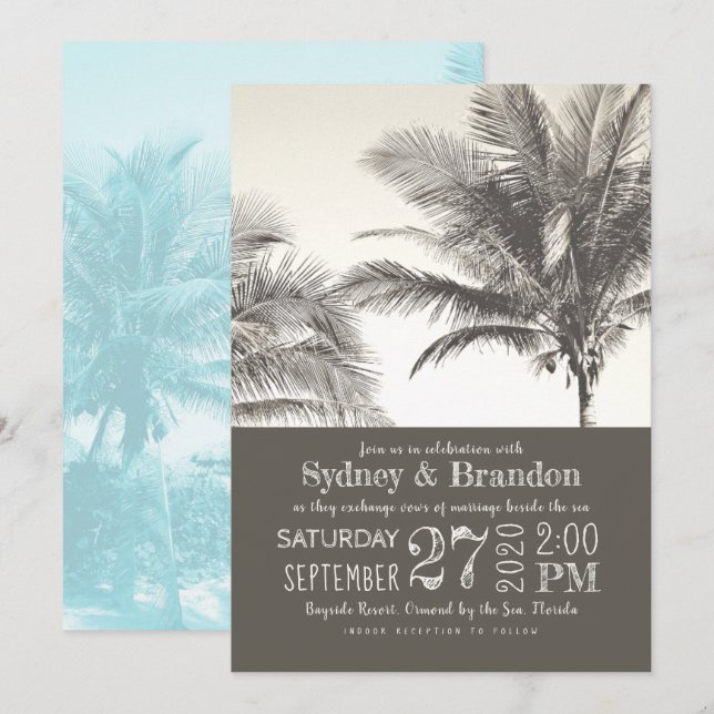 Palm Trees Sepia Typografy Wedding Einladung (Vorne/Hinten)