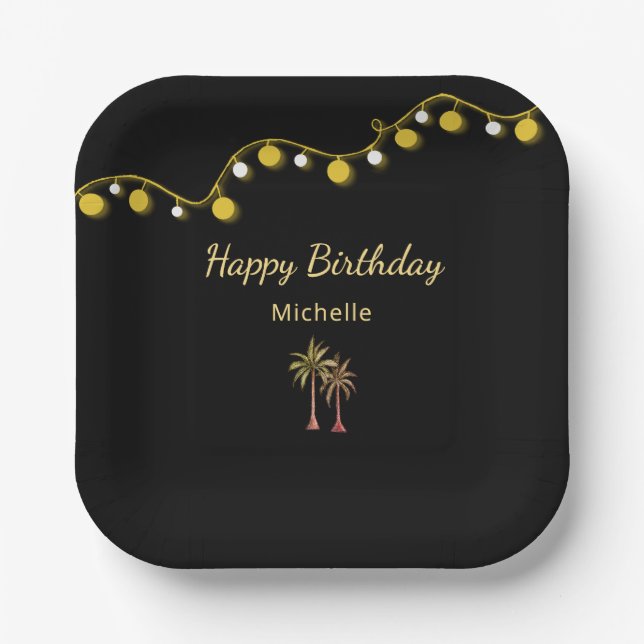 Palm Trees String Lights Tropical Birthday Party Pappteller (Vorderseite)