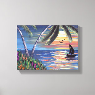 Palm Trees Sunset Ocean Painting Leinwanddruck