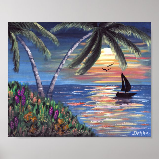 Palm Trees Sunset Ocean Painting Poster (Vorne)