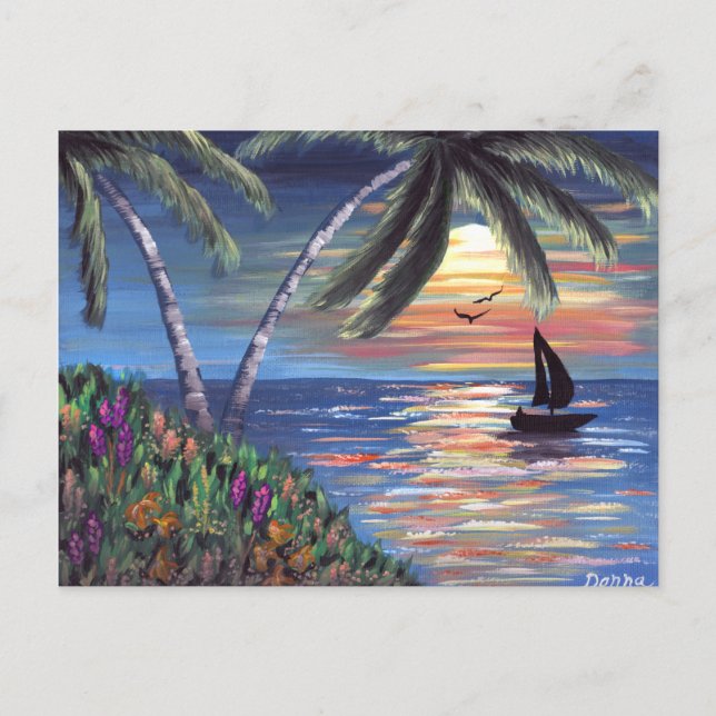 Palm Trees Sunset Ocean Painting Postkarte (Vorderseite)