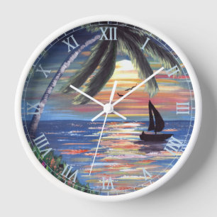 Palm Trees Sunset Ocean Roman Numbers Uhr