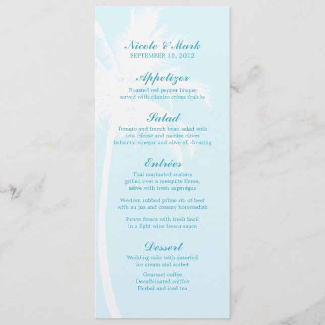 Palm Trees Tropical Wedding Menu Cards Menükarte (Vorderseite)