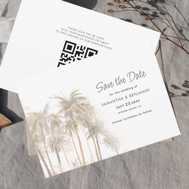 Palm Trees Typografy QR Code Save the Date (Palm Trees QR Code Wedding Save the Date Announcement)