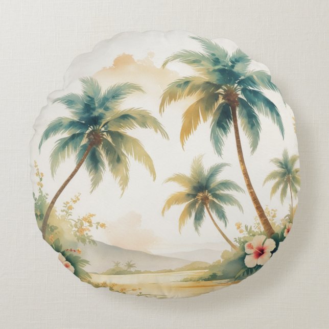 Palm Trees Vintage Style Hawaiian Travel Rundes Kissen (Vorderseite)