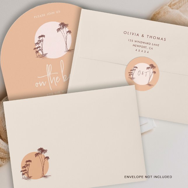 Palm Trees Warm Sand Sunset Sun Beach Wedding Runder Aufkleber (beach wedding sticker tropical palm trees sun beach modern calligraphy warm sand beige)