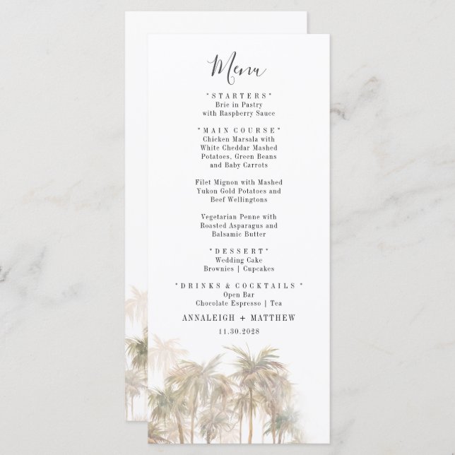 Palm Trees Watercolor Coastal Wedding Menu Menükarte (Vorne/Hinten)