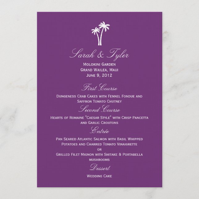 Palm Trees Wedding Menu Card - Lila Menükarte (Vorderseite)
