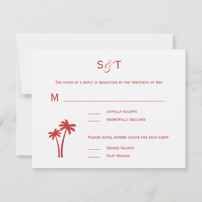 Palm Trees Wedding RSVP Card - weiß/rot (Vorderseite)
