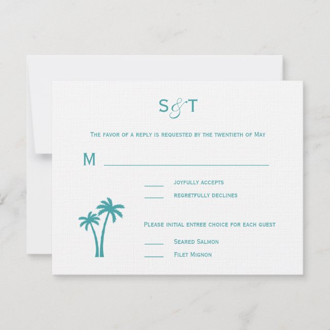 Palm Trees Wedding RSVP Card - White/Aqua (Vorderseite)