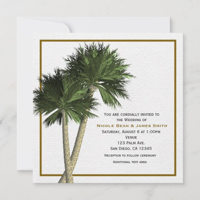 Palm Trees White & Gold Elegante Hochzeit Einladun Einladung (Vorderseite)