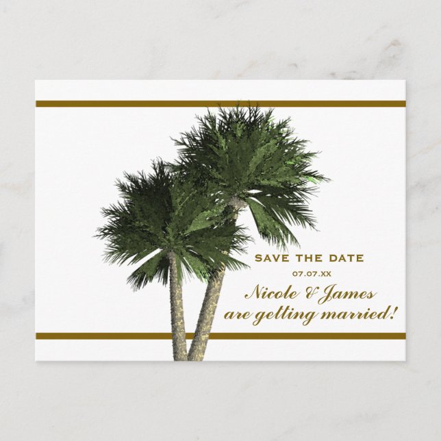 Palm Trees White & Gold Elegante Save the Date Kar Ankündigungspostkarte (Vorderseite)
