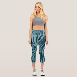 Palm- und Tropenblatt abstrakt in blau-grün grau Capri Leggings