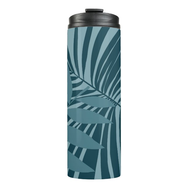 Palm- und Tropenblatt abstrakt in blau-grün grau Thermosbecher (Vorderseite)
