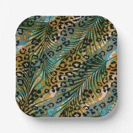 Palm verlasse auf einem Leopardenhintergrund. Pappteller