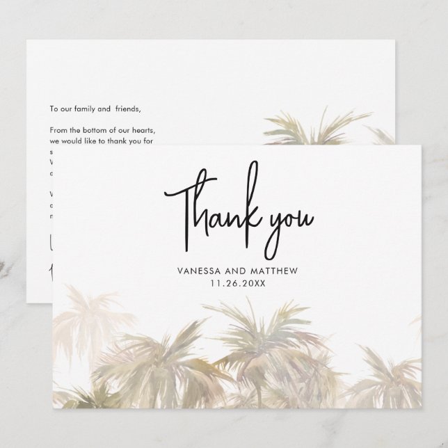 Palmbaumküste handgemachte Hochzeit Dankeskarte (Vorne/Hinten)