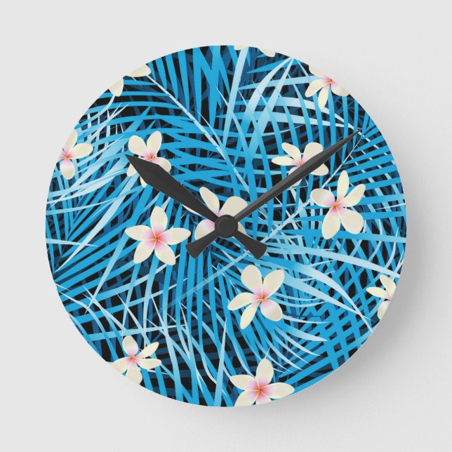 Palmblatt-Blau-Muster Runde Wanduhr (Vorderseite)