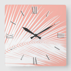 Palmblatt - Weiß auf korallenrotem Rosa Quadratische Wanduhr