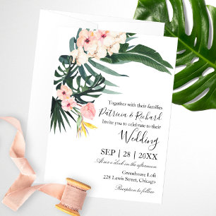 Palmblätter Hibiskus Tropische Elegante Hochzeit Einladung