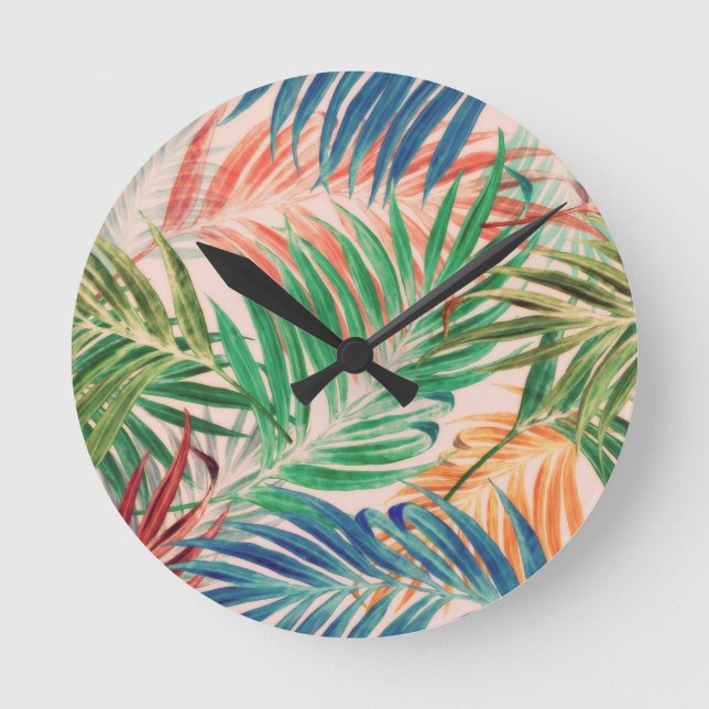 Palmblätter in der Farbe Runde Wanduhr (Vorderseite)