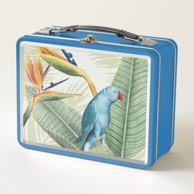 Palmblätter mit blauem Vogel Metall Lunch Box (Vorderseite)