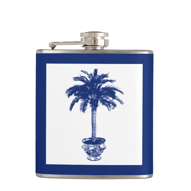 Palmblätterbaum - marineblau und weiß flachmann (Vorderseite)