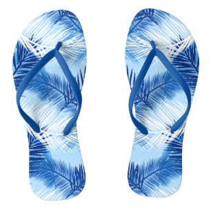 Palmblätterblätter Print, Kobalt, White und Sky Bl Flip Flops