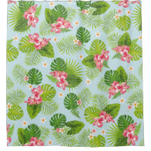 Palmblätterplatte Grünrosa Hibiskus Duschvorhang