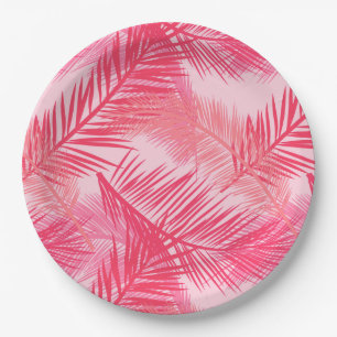 Palmblätterprint, Fuchsia, Korallen und Pastellro Pappteller