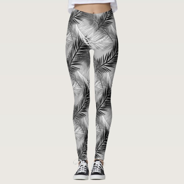Palmblätterprint, grau / grau, schwarz und weiß leggings (Vorderseite)