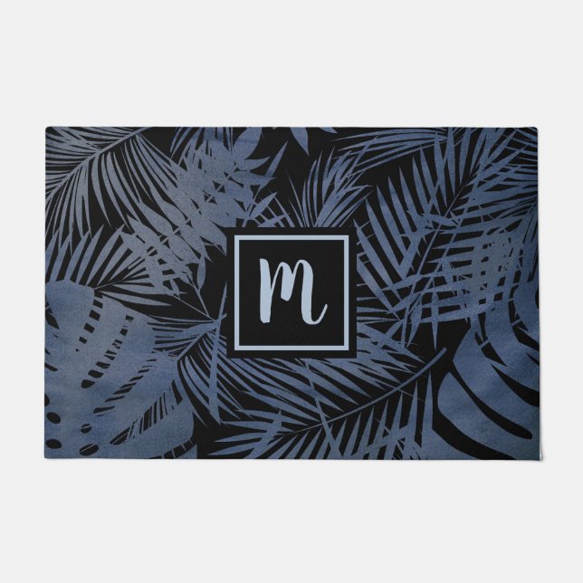 Palmblattmuster aus Navy, monogramm, modern Fußmatte (Vorderseite)